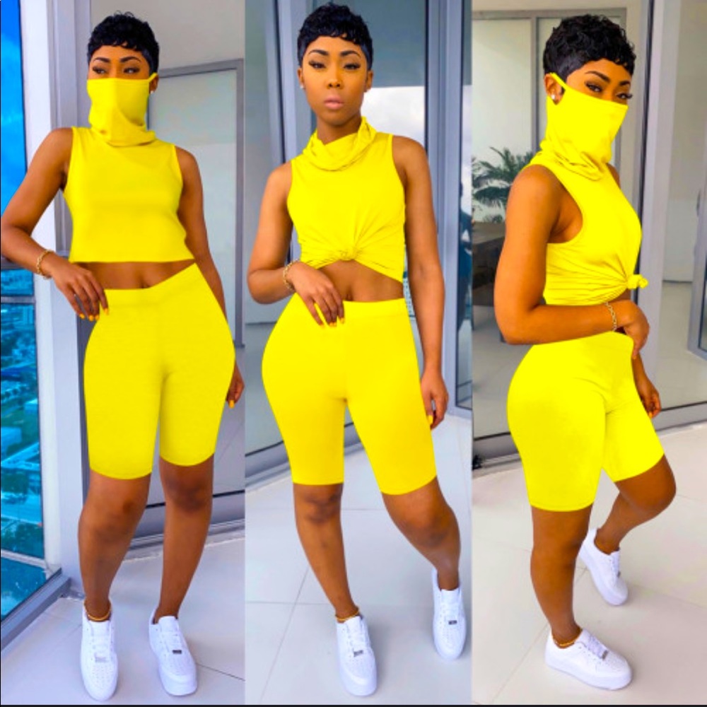 Yellow 2 Piece Crop top W/earloop mask built in